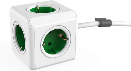 Allocacoc PowerCube Origineel – 5-in-1 Stekkerdoos Met 5 Stopcontacten, Grijs/groen, Stapelbaar, Ruimtebesparend Voor Thuis En Kantoor