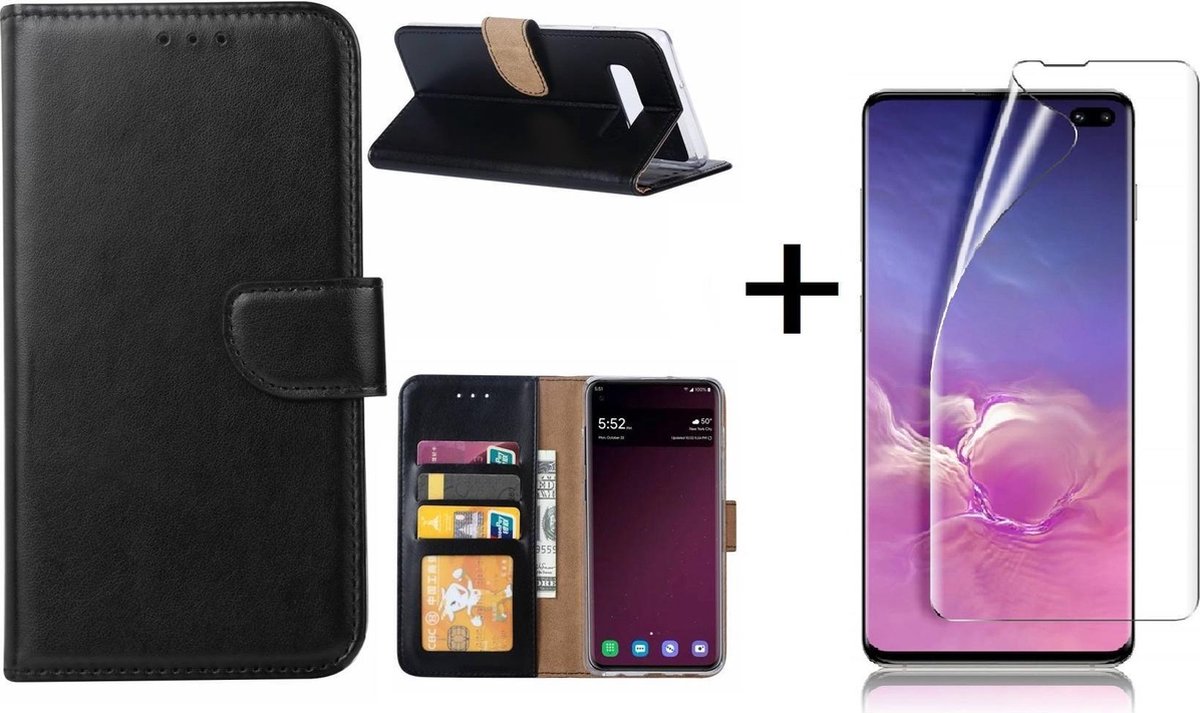 Ntech Hoesje Geschikt Voor Samsung Galaxy S10 Plus Book Hoesje Zwart + Folie creenprotector