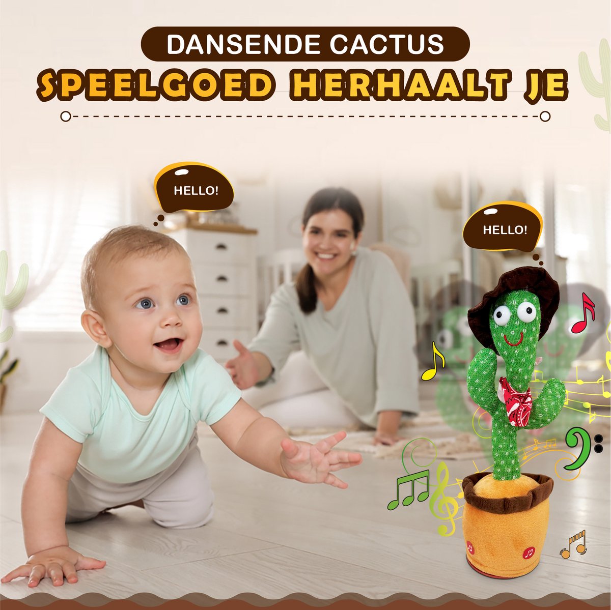 Bailanta® Dansende Cactus - Pratende Cactus - Kinder Speelgoed - Interactieve Knuffel - Nederlandse Handleiding - Pratende Knuffel – Cactus Speelgoed – USB Opladen – Geeft Licht – Met Cowboy Outfit – 120 Liedjes - Zingende Cactus - Perfect Cadeau — afbeelding 3