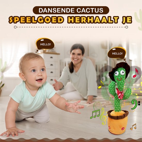Bailanta® Dansende Cactus - Pratende Cactus - Kinder Speelgoed - Interactieve Knuffel - Nederlandse Handleiding - Pratende Knuffel - Cactus Speelgoed - USB Opladen - Geeft Licht - Met Cowboy Outfit - 120 Liedjes - Zingende Cactus - Perfect Cadeau van Bailanta — afbeelding 3