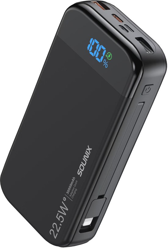 Sounix Powerbank 30.000 mAh 22.5W Zwart met 5 Poorten