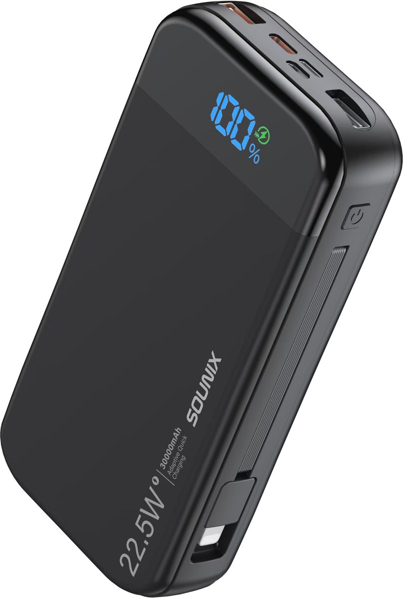 Sounix Powerbank 30.000 mAh - 22.5W Snellader - LED Indicatie - 5 Oplaadpoorten - Lightning, USB A, USB C & Micro USB - Geschikt voor o.a. iOS/Android - Zwart - Sounix - €37,53