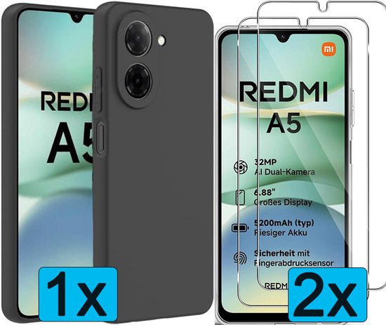 Casemania Hoesje +Glas Geschikt voor Xiaomi Redmi A5 4G Zwart