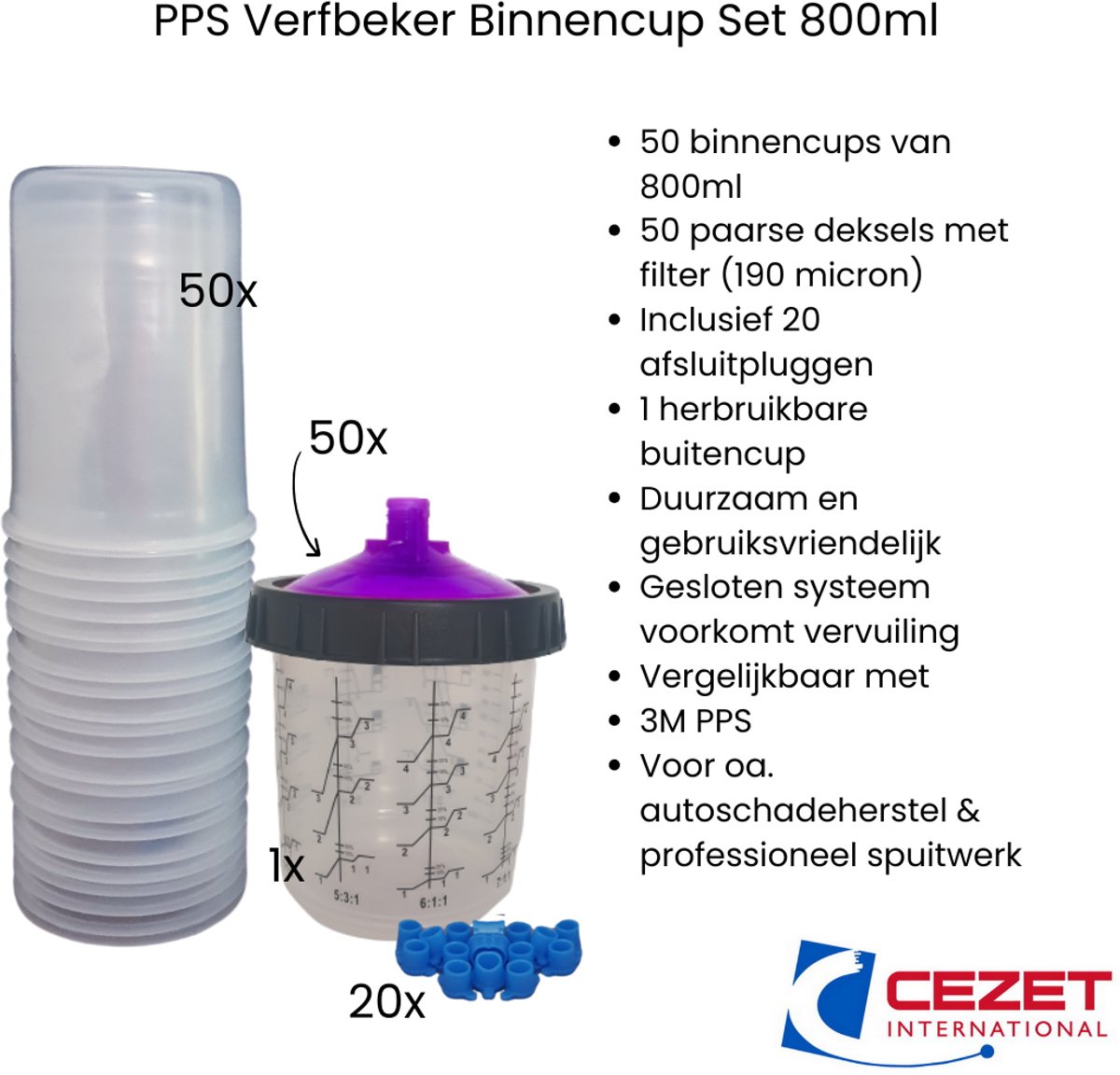 Verfbeker PPS Binnencup Set 800ml – 125 Micron – transparant – 50 Cups + Deksel + Plugs + Buitencup – Vergelijkbaar met 3M – Autoschadeherstel – Duurzaam - paars