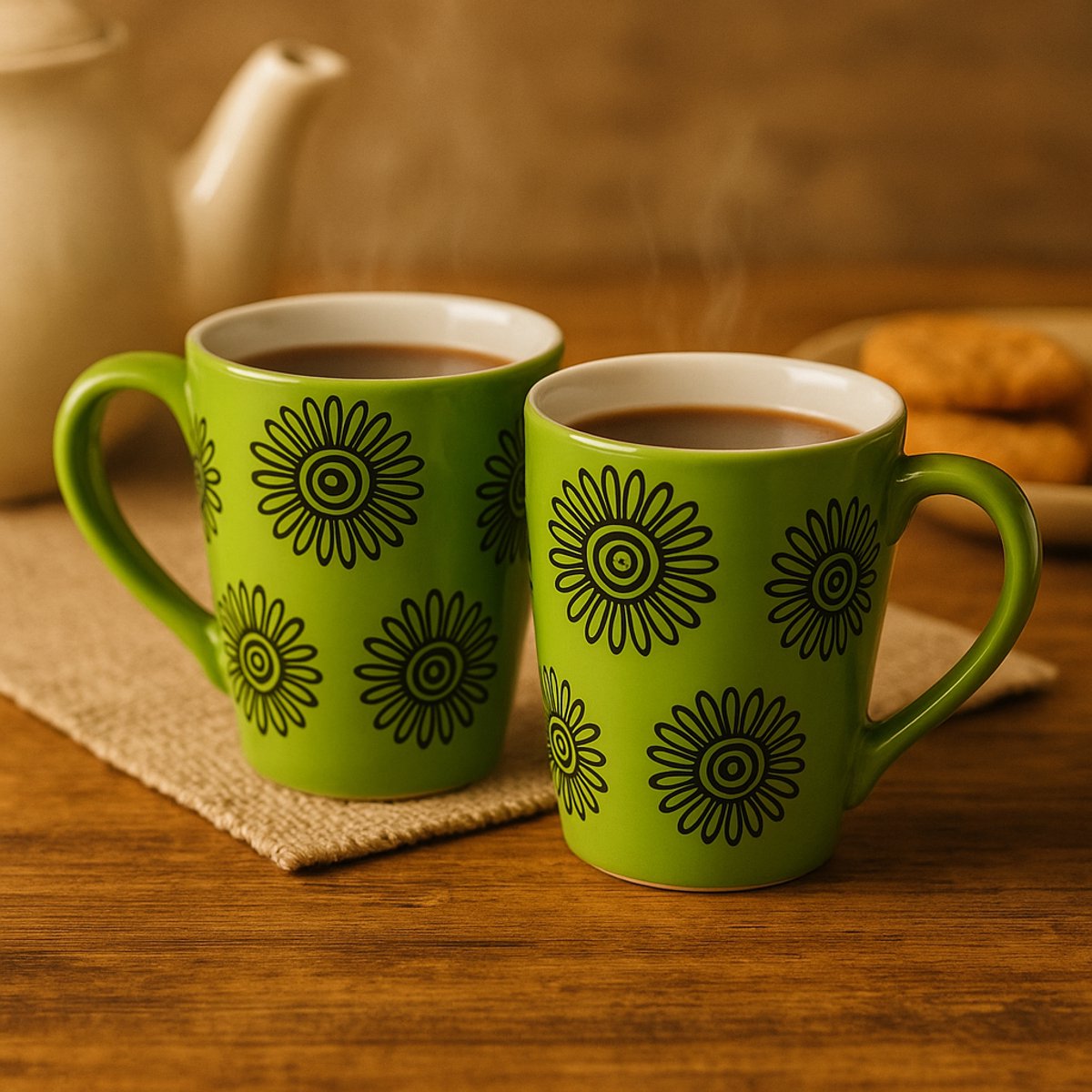 Mokken - Koffiekop - Theemok - Thee mokken - mokken set van 2 - Keramiek - Handgeschilderd - Groen met bloemen