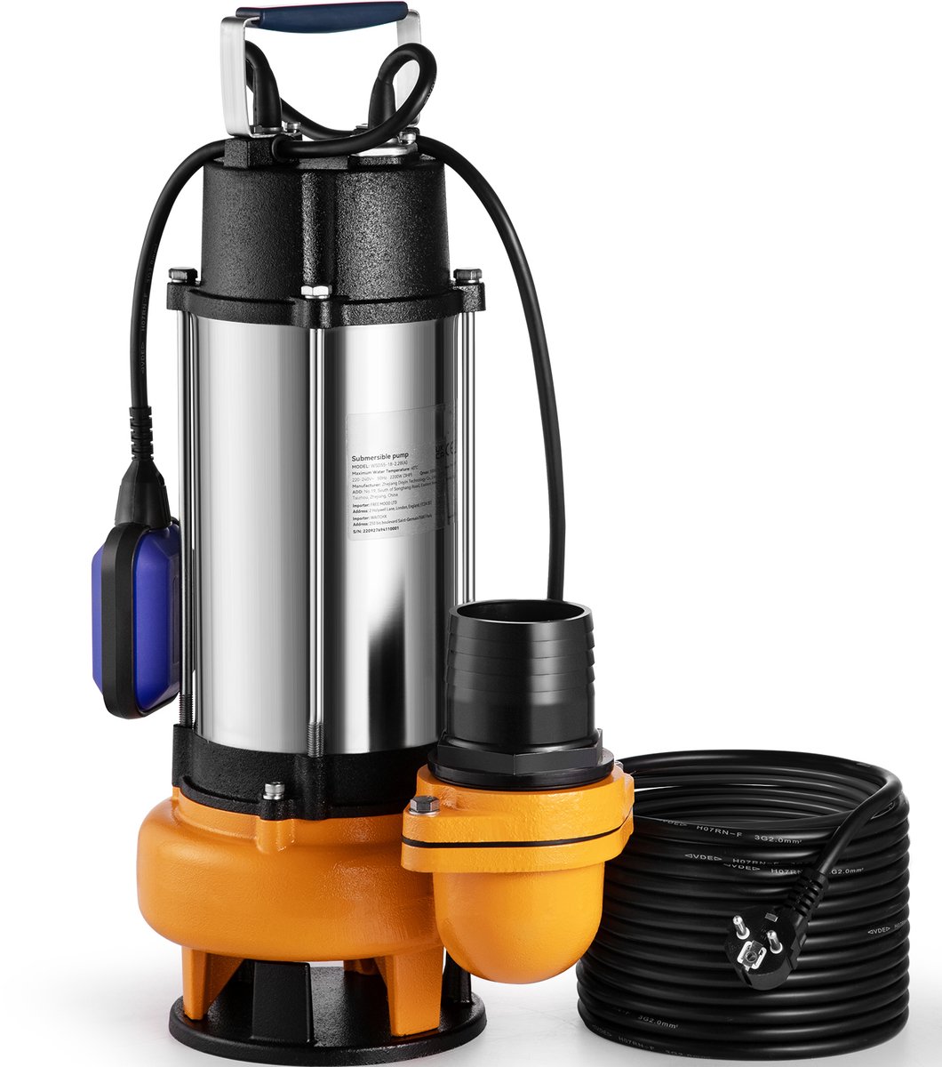 Onderwaterpomp, 2200W 60000L/H, 10m Kabel, Automatische Vlotterschakelaar, RVS, voor Vuil/Schone Wateren, Afwatering van Overstromingen, Tuinvijvers, Zwembaden, Jacuzzi's