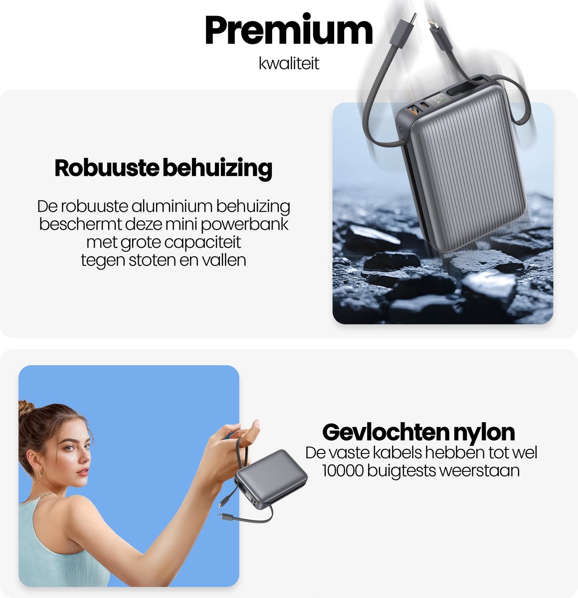 2x Ultra Compacte Powerbank 20000 mAh met Ingebouwde Kabels - afbeelding 3