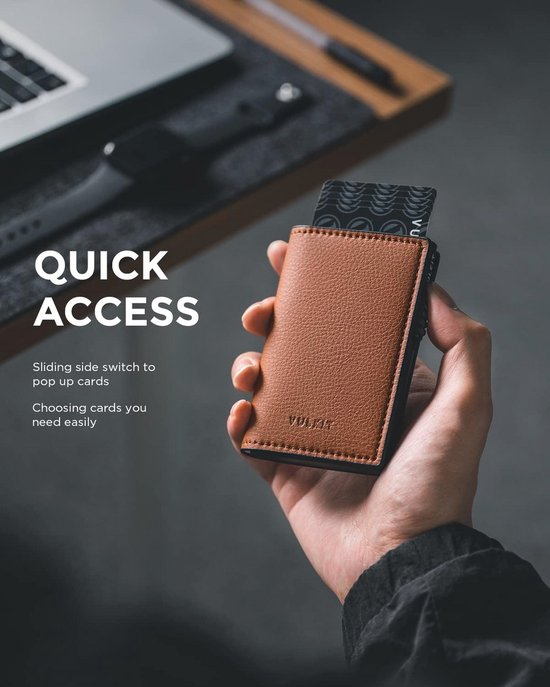 VULKIT Creditcardhouder met EDC-vakken en ID-venster RFID-blokkerende pop-up Kaartportemonnee Slanke Metalen Portemonnee (Espresso
