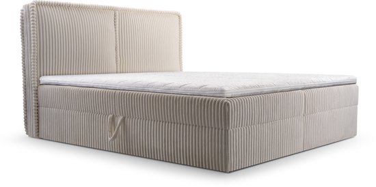 Lit Boxspring 04 - Structure en bois et panneau stratifié - Lit avec bac à linge - Tissu velours côtelé - 180x200 - Gris clair (Ambience 17)