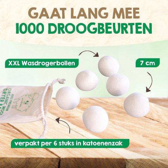 Six boules de séchage XXL en laine blanche à côté d'un sac en coton avec un motif de mouton.