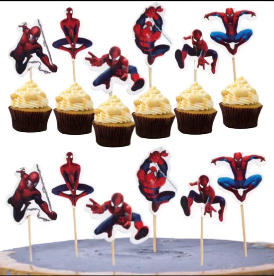 Foto: 24 stuks spiderman taart decoraties kids jongen gunst party cake topper versiert baby douche superheld cupcake toppers decor supplies