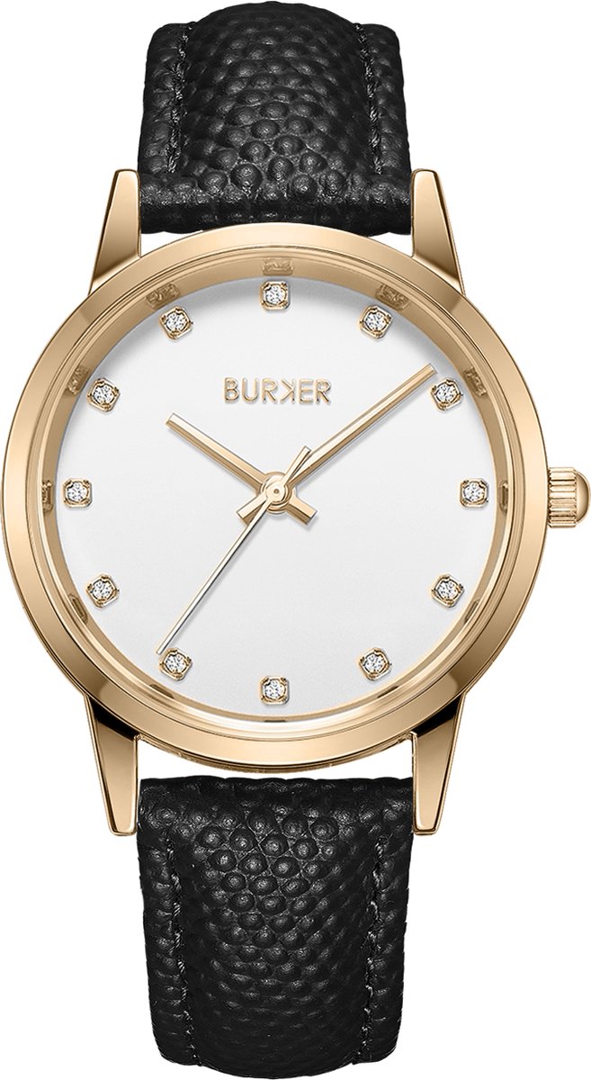 BURKER Amy Horloge Dames - Rond - Goud Zwart - Leren Band - Zirkonia - 32mm