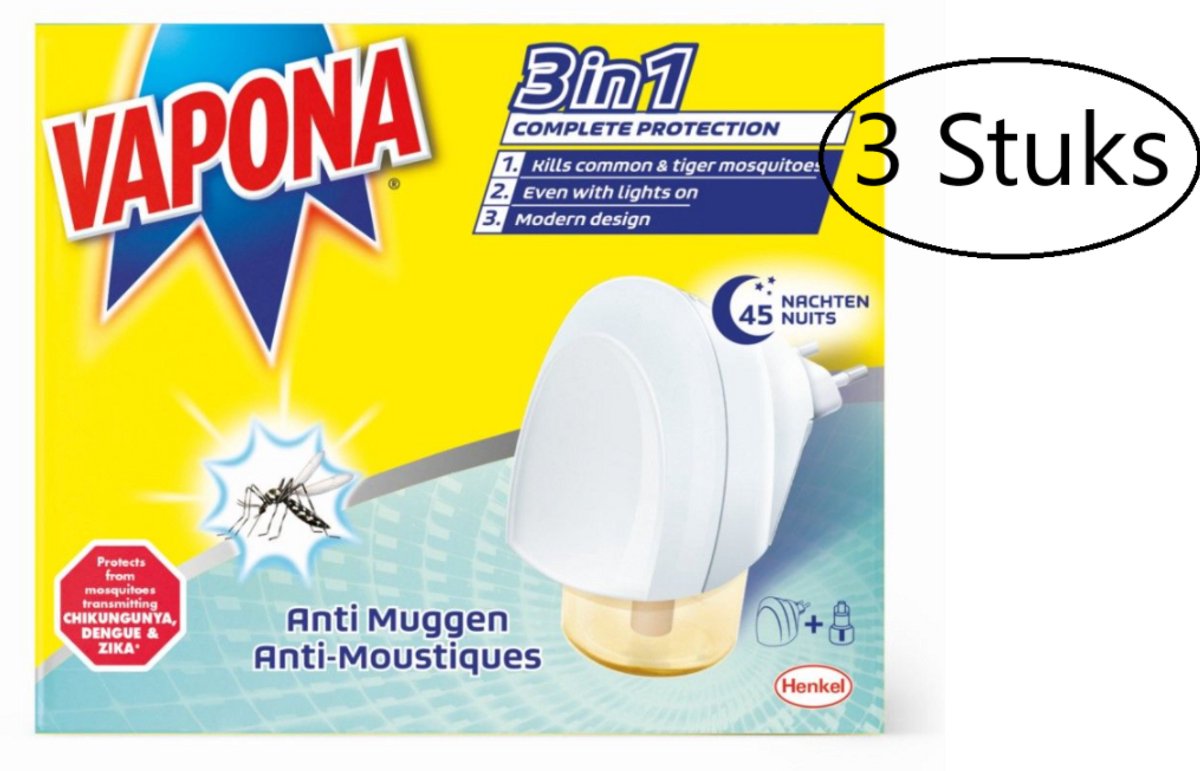Vapona | Anti-muggenapparaat | set van 3 stuks | 220V toestel + flesje vloeistof 18 ml | 45 nachten