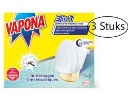 Vapona | Anti-muggenapparaat | set van 3 stuks | 220V toestel + flesje vloeistof 18 ml | 45 nachten