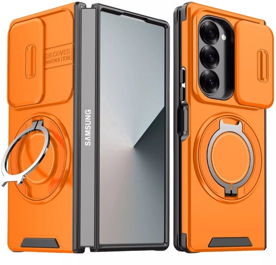 Coque Armor Tough [Support rotatif à 360°] [Compatible Magsafe] Compatible avec : Samsung Galaxy Z Fold 6 - Cache caméra coulissant intégré - Hybride - Oranje