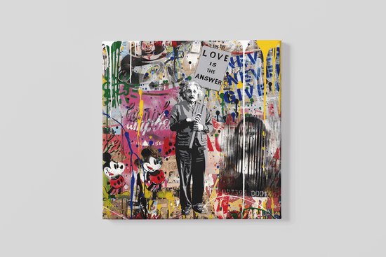 Tableau carré sur toile – Banksy Art – Einstein – Décoration murale moderne – 100x100x2 cm