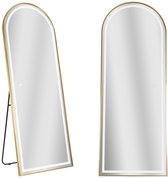 Twee gouden boogvormige spiegels met LED-verlichting, één staand op een standaard.