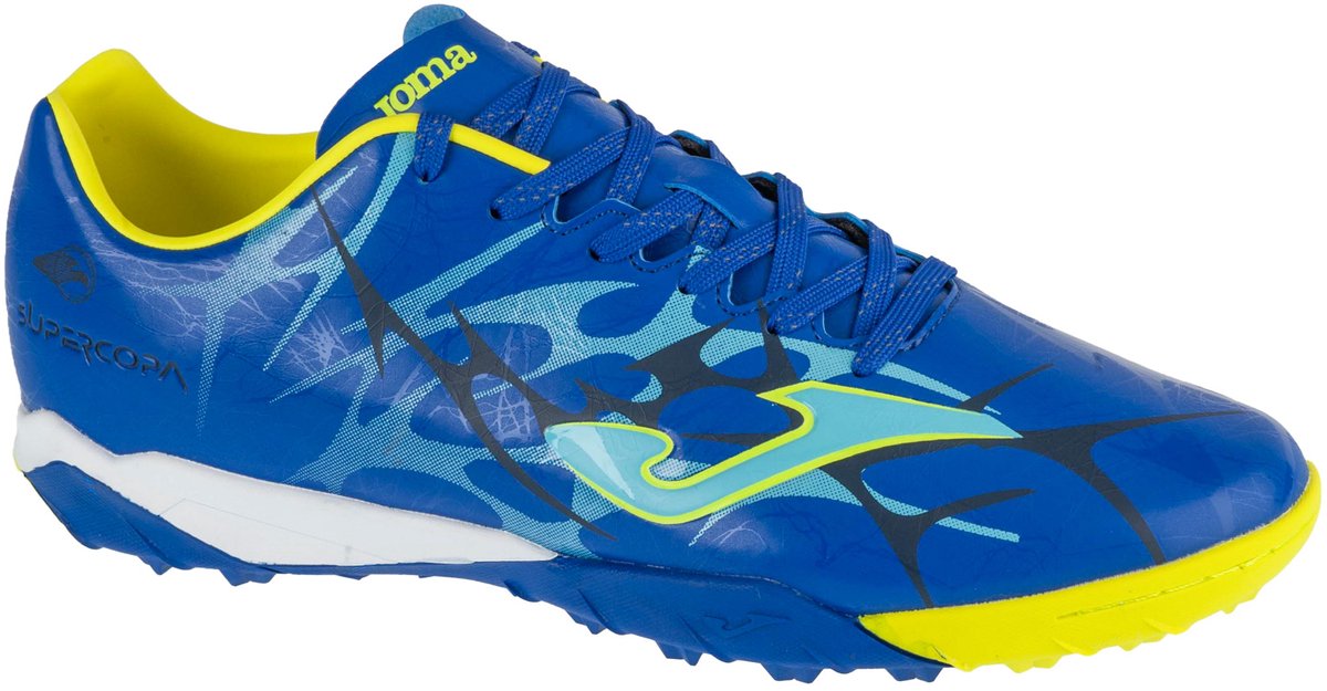 Joma Super Copa 25 SUPS TF voetbalschoenen voor mannen, maat 46, blauw met gele accenten en synthetisch leder.