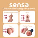 Overzicht van Sensa-producten: torso's, billen en pocket pussy met gewichten. Tekst: Ontdek onze Sexpoppen Collectie.