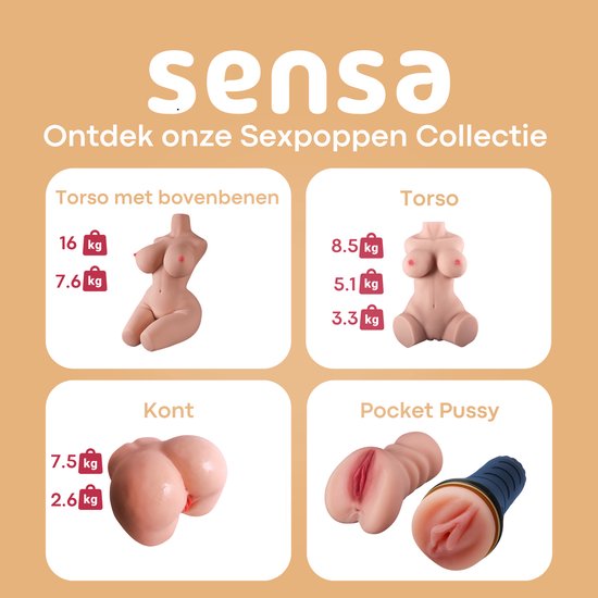Overzicht van Sensa-producten: torso's, billen en pocket pussy met gewichten. Tekst: Ontdek onze Sexpoppen Collectie.