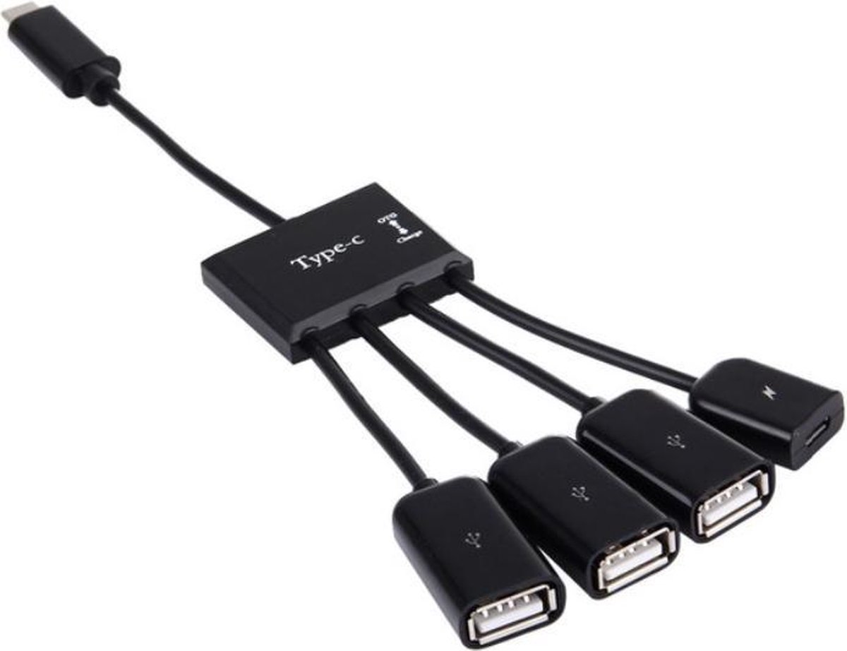 USB-C hub met 3 USB-A + 1 USB Micro B poorten - busgevoed - USB2.0 / zwart - 0,15 meter