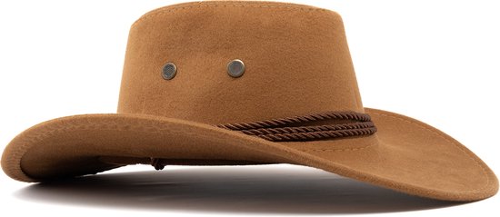 KIMU Cowboyhoed Bruin Suedelook - Lichtgewicht Bruine PU Suede Cowboy Western Hoed Touw Dames Heren - Cowgirl Ranger Yellowstone Carnaval