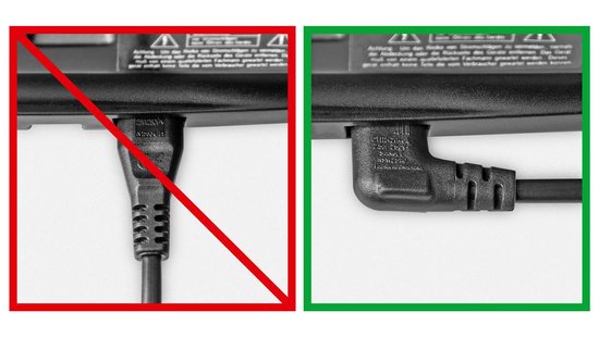 Twee aansluitingen voor stroomkabels: links een CEE 7/17 (niet aanbevolen) en rechts een correcte CEE 7/16 (haaks).