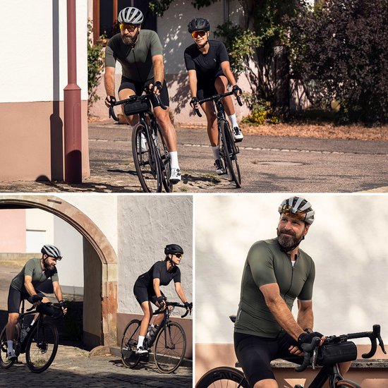 Collage van mannen die olijfgroene en zwarte fietsshirts dragen tijdens het fietsen.