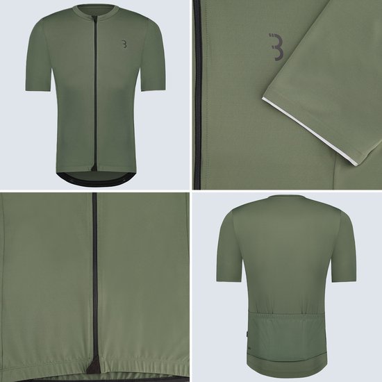 Olijfgroen fietsshirt met korte mouw, rits, drie achterzakken en logo.