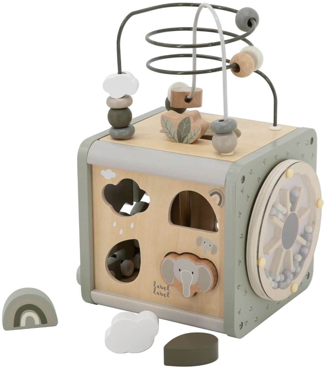 Label Label - 5-in-1 Houten Activiteitenkubus - Olive Green - FSC Hout - Vormenstoof, Xylofoon, Kralenspiraal & Meer - Stimuleert Hand-Oog Coördinatie en Vormherkenning - Geschikt voor Kindjes vanaf 18 Maanden