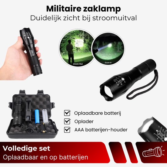 Zwarte militaire zaklamp in een koffer met accessoires, inclusief een man die hem in het bos gebruikt.