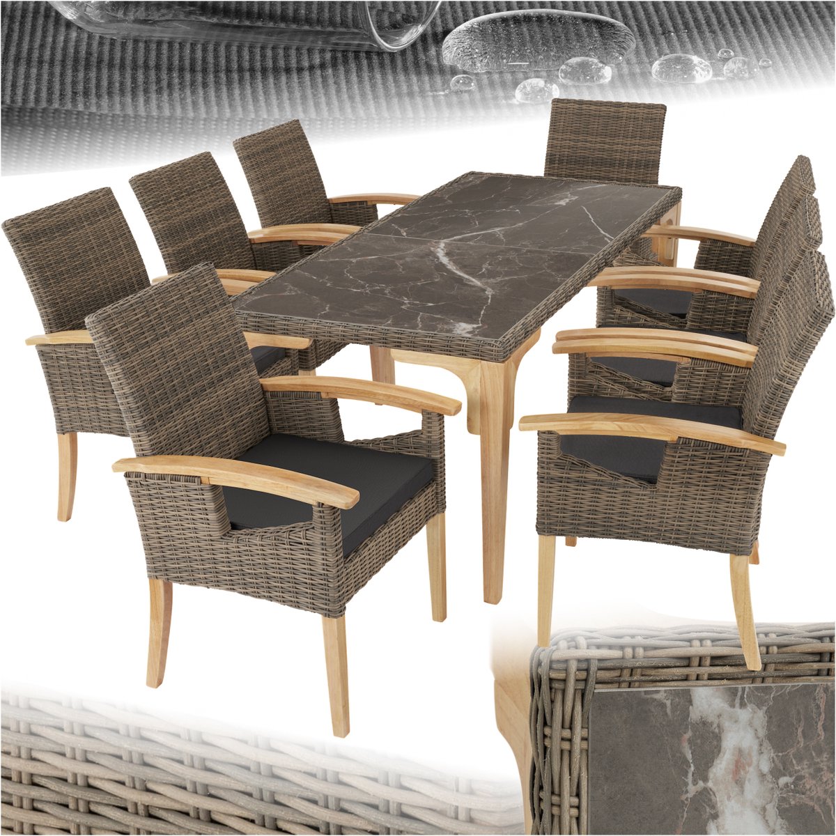 Moderne wicker tuinmeubelset met 8 stoelen en marmerlook tafel - lichtbruin.