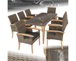 tectake® Wicker meubelset - 8 stoelen en 1 tafel - Moderne en weerbestendige stoelen (Draagkracht 150 kg) met eettafel in marmerlook ((LxBxH) 196 x 87 x 76 cm) - Eetkamer lounge - Tuinmeubelen voor balkon, terras en buitenkeuken - Licht bruin