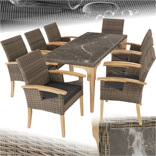 tectake® Wicker meubelset - 8 stoelen en 1 tafel - Moderne en weerbestendige stoelen (Draagkracht 150 kg) met eettafel in marmerlook ((LxBxH) 196 x 87 x 76 cm) - Eetkamer lounge - Tuinmeubelen voor balkon, terras en buitenkeuken - Licht bruin