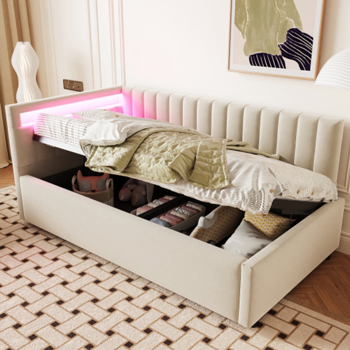 Learnlogic Polsterbed, 90x200, met LED verlichting en hydraulische opbergruimte, klassiek verticaal streepjespatroon, wisselbare zijdelijke hoofdplaten, latmatras, fluweel, beige