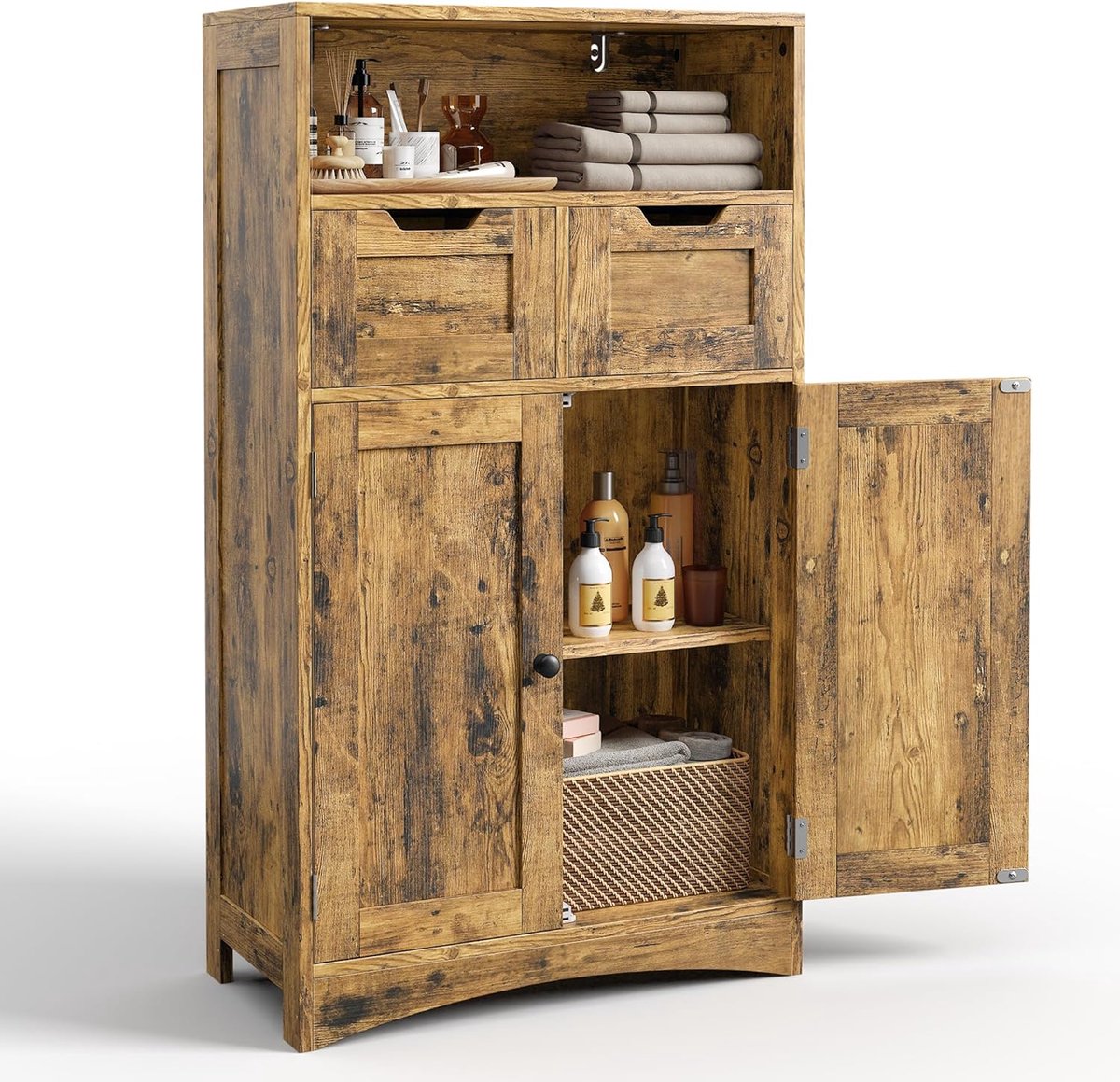 Bealife AP52 Ladekast met 2 Lades - 60 x 30 x 108 cm - Verstelbare Plank - Multifunctioneel voor Badkamer, Slaapkamer, Gang- Retro