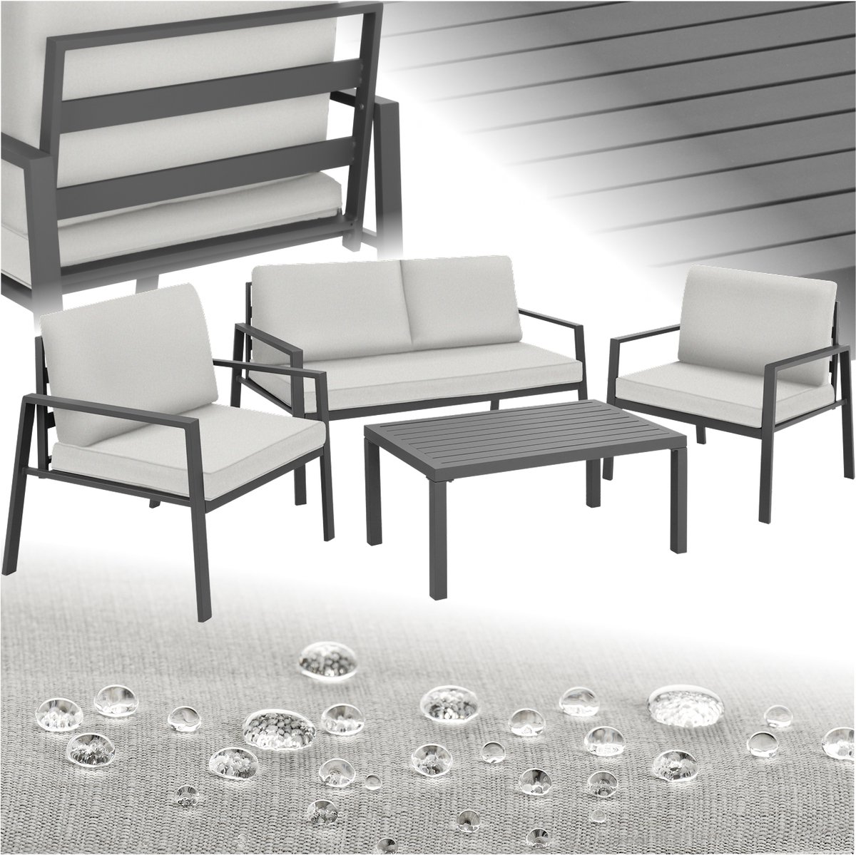 Aluminium loungeset met lichtgrijze kussens voor tuin- en terrasmeubilair.