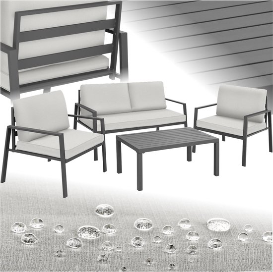 tectake® - Aluminium loungeset met 2 fauteuils, 1 bank, 1 bijzettafel - Outdoor - Tuinset met kussens - Loungemeubelset voor balkon - Tuin, terrasmeubilair - lichtgrijs