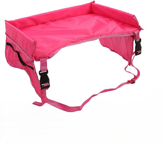 Roze, opvouwbare reistafel met vakken en gespen.
