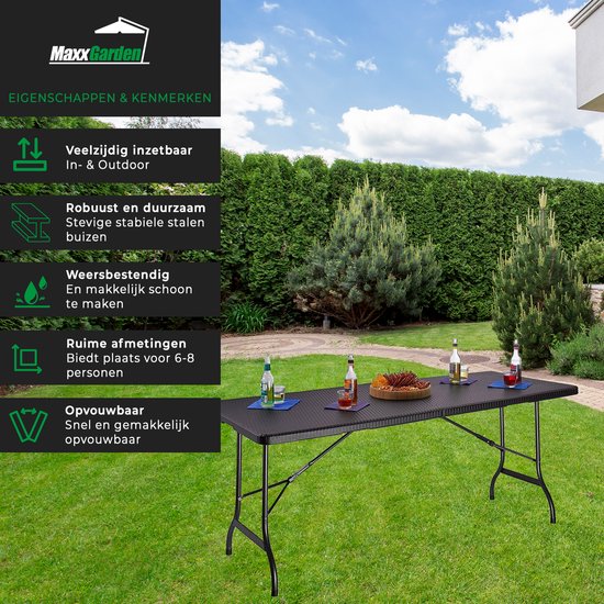 MaxxGarden Vouwtafel - inklapbare picknickset - inklapbare tafel- Plooitafel - 2 zitbanken - Rotan look - zwart van MaxxGarden — afbeelding 4