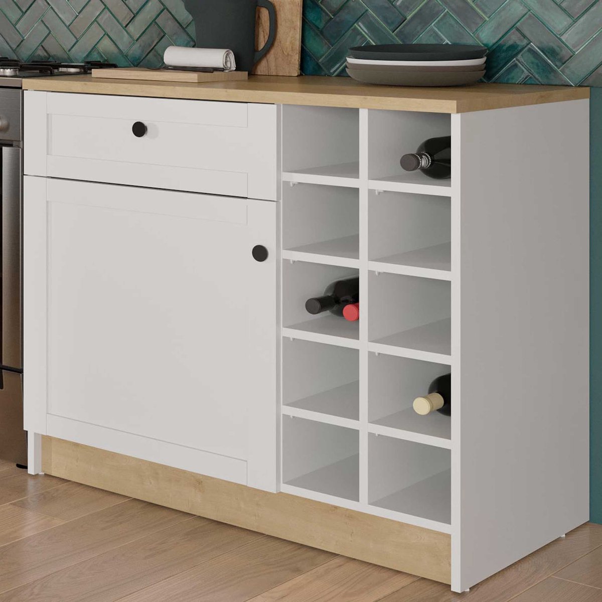 Keukenkast Cottage - 1 Deur & 1 Lade - Met Flessenrek - Wit/eikdecor