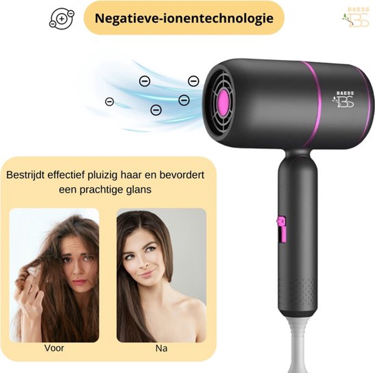 BAESS Föhn met diffuser - Reisföhn Inklapbaar - Ionische Haardroger - 2000W - Coolshot - Krullen - Haarföhn - Hair Dryer - Grijs thumbnail 5