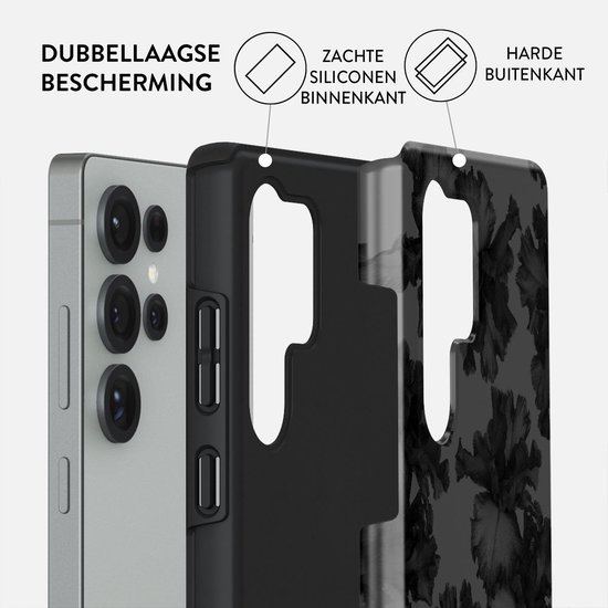 Uitsnede van telefoonhoes met zachte siliconen binnenkant en harde buitenkant.