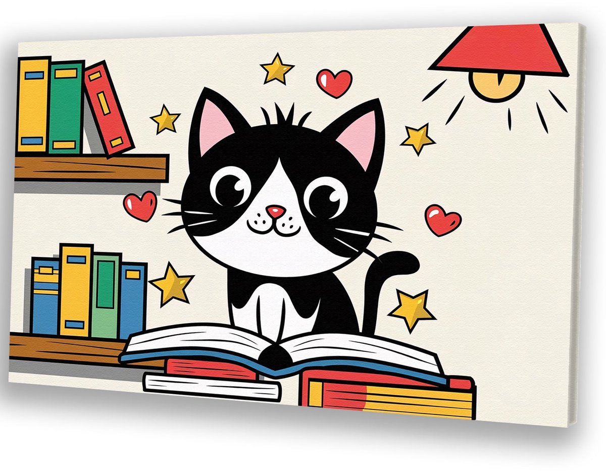 Schattige kat leest een boek - Kat canvas kunst - Schilderij op canvas dieren - Pop Art - Woonkamer decoratie industrieel - Decoratie muur - canvas 100x75 cm