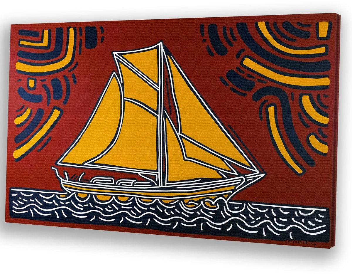 Kleurrijke zeilboot op zee - Zeilboot muurdecoratie - Muurdecoratie canvas vervoer - Pop Art - Decoratie voor thuis - Decoratie slaapkamer - canvas 70x50 cm