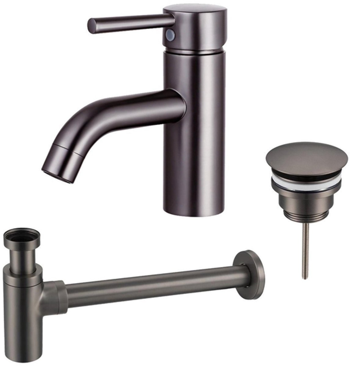 FugaFlow Eccelente Sobrado Badkamer Wastafelkraanset - lage wastafelkraan - always open plug - design sifon - PVD Gepolijst Gunmetal