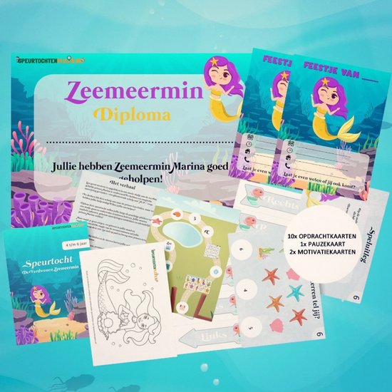 Een verzameling van 'Zeemeermin Diploma', 'Feestje van...' uitnodigingen, kleurplaten en spelkaarten met zeemeerminnen en zeedieren.