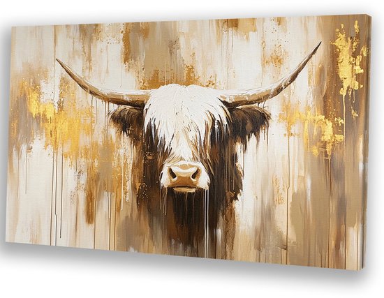 Schotse hooglander met gouden tinten - Canvas schilderij koe - Dieren - Modern kunst - Woonkamer wanddecoratie - Decoratie slaapkamer - Kantoor accessoires - Canvas 120x80 cm