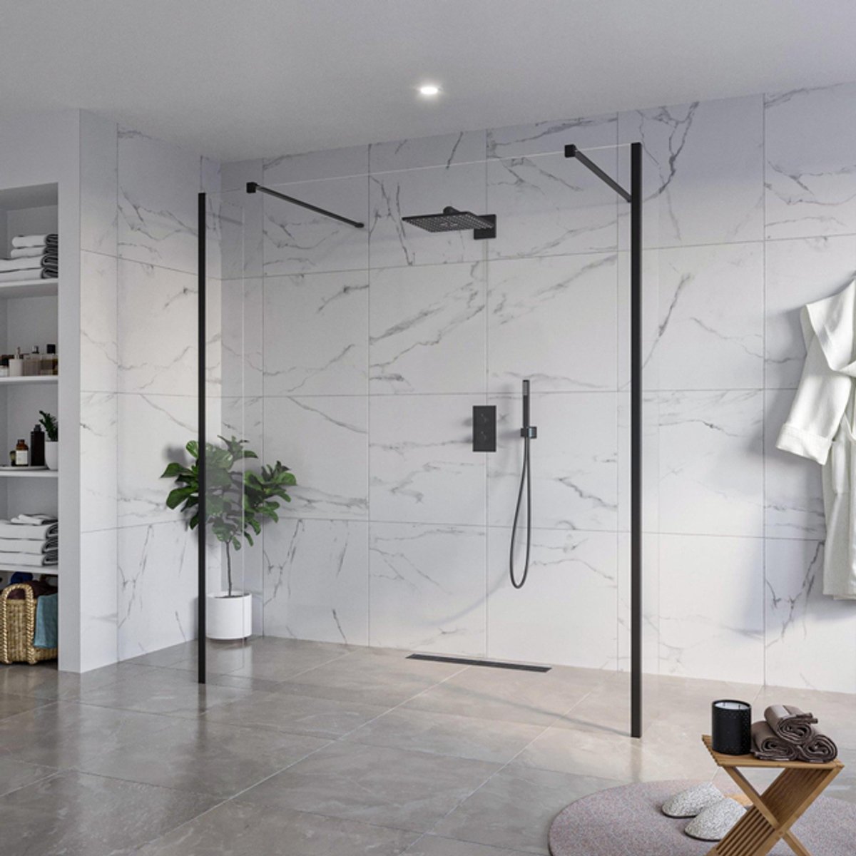 FugaFlow Eccelente Vetro Vrijstaande inloopdouche badkamer - 180x200cm - Helder - antikalk - 8mm veiligheidsglas - 2 zijwanden 30cm - met wandarmen en hoekprofielen - Zwart mat -
