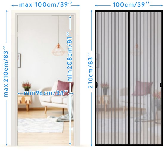 Magnetische hordeur, 105 x 230 cm Magnetisch gordijn Anti Mosquito Insect Handsfree Mute Deurgordijn Insectenhor voor balkons, binnen- en buitendeuren Grijs